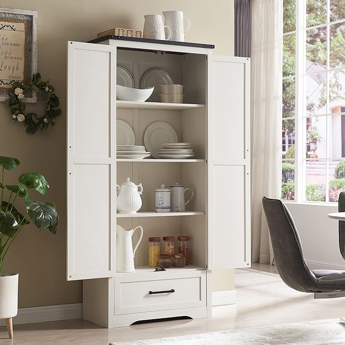 72" Tall Wood Storage Cabinet, Farmhouse Kitchen Pantry Cabinet with Adjustable Shelves & Drawer & Barn Doors, Versatile Storage for Kitchen, Dining Room, Bathroom, Antique White