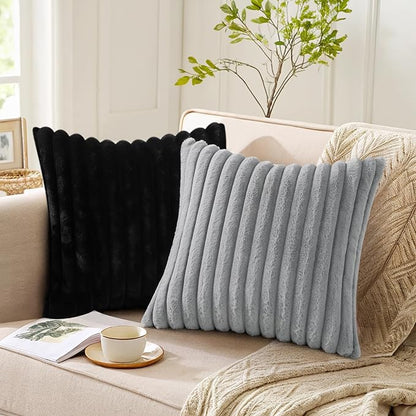Pallene Faux Fur Plush Throw Pillow Covers 24x24 Set of 2, Luxury Soft Fluffy Striped Decorative Pillow Covers for Sofa, Couch, Living Room, Black