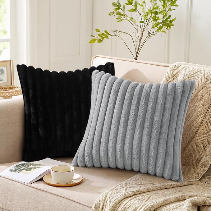 Pallene Faux Fur Plush Throw Pillow Covers 22x22 Set of 2, Luxury Soft Fluffy Striped Decorative Pillow Covers for Sofa, Couch, Living Room, Black