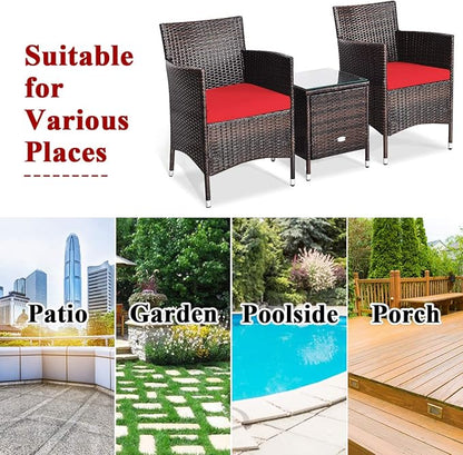 COSTWAY 3 PCS Patio Furniture Set, Outdoor Wicker Conversation Set with Tempered Glass Coffee Table, Seat Cushions, Rattan Wicker Chairs for Poolside Balcony Porch Backyard, Red