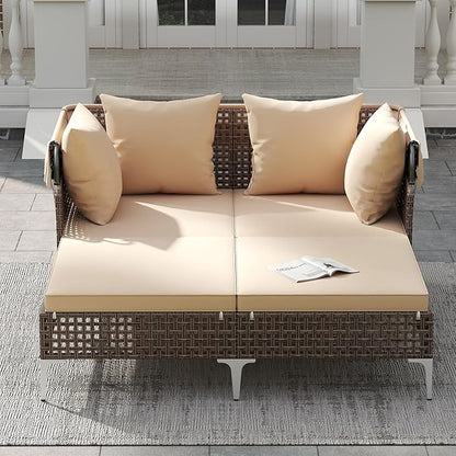 HAPPYGRILL Outdoor Daybed with Retractable Canopy, PE Wicker Rattan Patio Double Chaise Lounger with Cushions, Outside Sunbed Furniture for Garden, Poolside and Backyard (Beige)