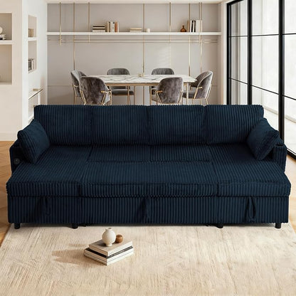 110" Corduroy Pull Out Sofa Bed w/Adjustable Backrests, Sectional U-Shape Sleeper Sofa w/Storage Chaise, Convertible Couch Bed w/USB Charging Port & Cup Holders for Living Room, House, Blue