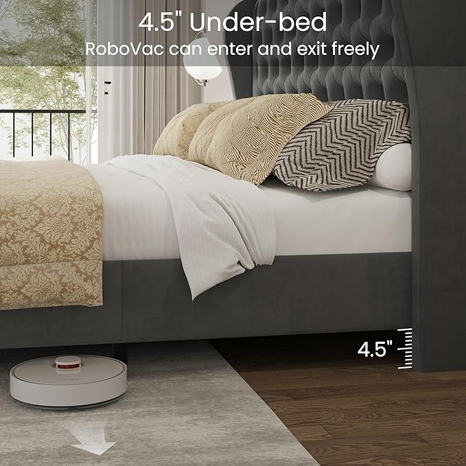 LARMACE Queen Size Bed Frame Velvet Upholstered Platform Bed with Wingback Headboard & Footbaord, Deep Button Tufted Bed Frame with Wood Slats Support, No Box Spring Needed, Grey