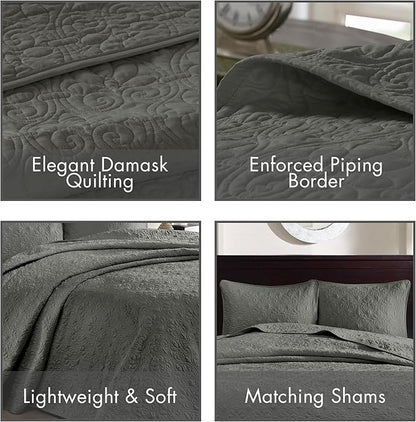 Madison Park Quebec Reversible Damask Design, Double Sided Quilting All Season, Lightweight Coverlet Bedspread Bedding Set, Matching-Shams, Queen(102"x118"), Dark Grey