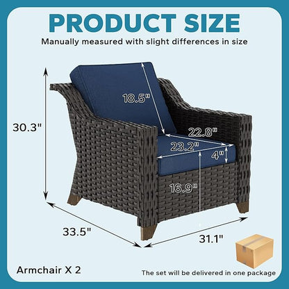 Patio 2 Pieces Wicker Chairs Set of 2，Outdoor PE Rattan Armchairs, Water-Resistant Cushions with Removable and Washable Covers, Porch, Balcony, Sunroom (Navy Blue)