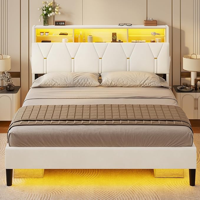 LED Full Bed Frame with Type-C & USB Charging Station, Full Size Bed Frame with Storage Headboard, Modern Velvet Upholstered Platform Bed with Shelf Headboard, Noise-Free, Creamy White