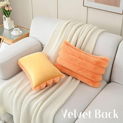 FUTEI Orange Decorative Throw Pillow Covers 12x20 Inch Set of 2, Square Soft Faux Rabbit Fur Thick Striped Lumbar Pillow Case,Winter Home Decor for Couch Bed Living Room