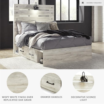 Signature Design by Ashley Cambeck Farmhouse Full Panel Platform Bed with 4 Storage Drawers, Sconce Light and USB Ports, Foundation or Box Spring Not Needed, Whitewash