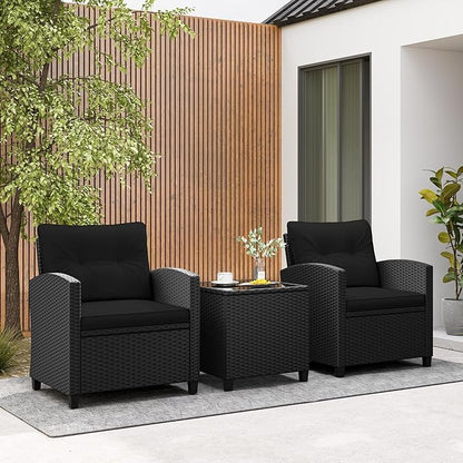 Tangkula 3 Piece Patio Furniture Set, Rattan Conversation Set w/Soft Seat & Back Cushions, Tempered Glass Topped Coffee Table, Cushioned Wicker Seating Set for Backyard, Porch, Poolside (Black)