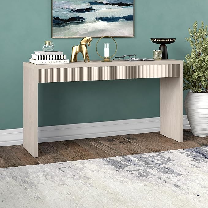 Henn&Hart 55'' Wooden Rectangular Fluted Console Table Entryway Table, Sofa Table for Entryway, Living Room, Couch, Hallway, or Office, Alder White