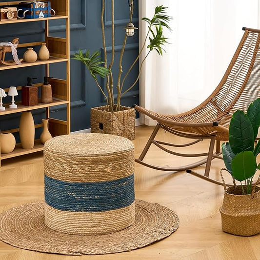 Wimarsbon 18'' Ottoman Pouf, Natural Braided Poof, Rustic Handweave Lounge Pouffe, Boho Footrest Stool for Bedroom, Accent Table for Living Room (18inch Natural Cattail + Blue Corn Husk)
