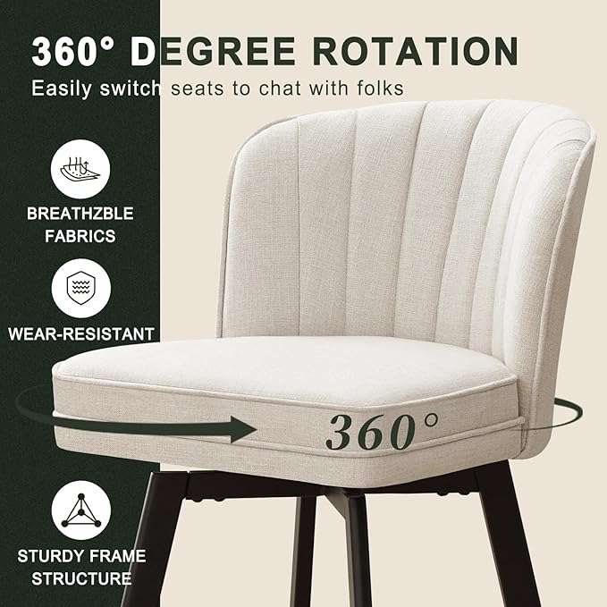 Swivel Counter Height Bar Stools Set of 2, 30'' Modern Barstools with Backs and Metal Legs, Upholstered Bar Chairs, Beige, Fabric Stools for Kitchen Island Chairs