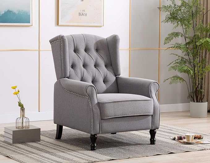 Artechworks Winged Fabric Modern Accent Chair Tufted Arm Club Chair Linen Single Sofa with Wooden Legs Comfy Upholstered for Reading Living Room Bedroom Office,Grey