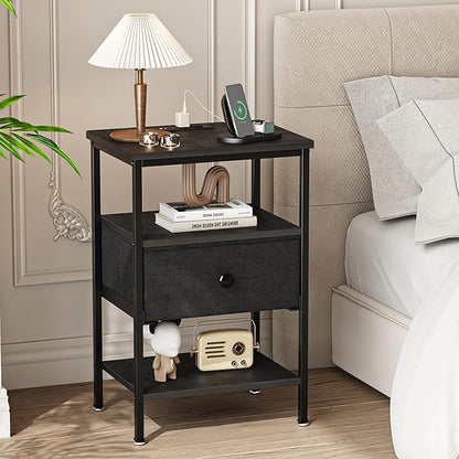 VECELO Night Stand Set 2, Nightstand with Charging Station, End Tables with Open Storage Shelf, Bed Side Tables with Fabric Drawers for Bedroom,Living Room,Classic Black
