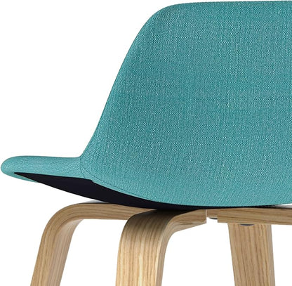 SIMPLIHOME Randolph Counter Stools (Set of 2) - 28 Inch Seat Height Upholstered Bentwood Kitchen Seats in Aqua Blue Polyester Linen Fabric, Mid Century Seating with Curved Backrest and Footrest