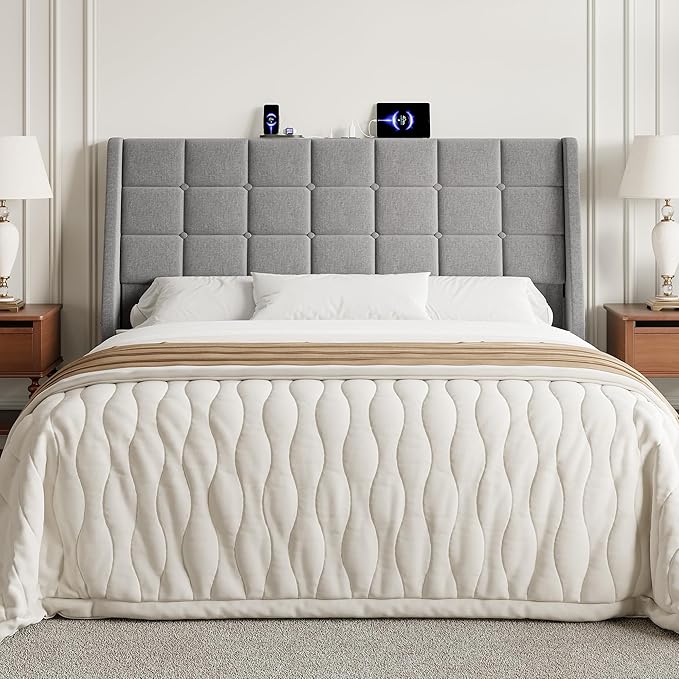 Queen Size Headboard with Charging Station, Ergonomic Upholstered Linen Headboards Only, Wingback Wood Bed Head Board with Storage Pocket, Bed Frame Adapters, Light Grey