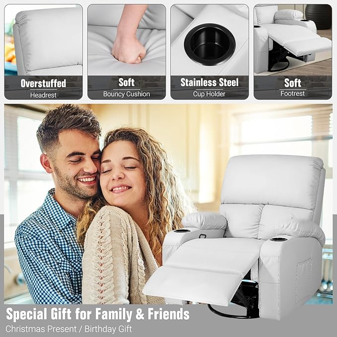 Rocking Recliner Chair, Massage Rocker Recliner Chair with Vibration Massage and Heat, 360° Swivel Recliner Chairs, Living Room, Bedroom, Nursery, RV, Grey
