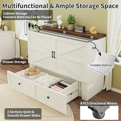 Murphy Bed with Charging Station, Queen Size Cabinet Bed with Large Storage Drawer for Home Office or Small Room, Hideaway Full Foldable Platform Bed, White