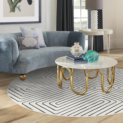 RUGGABLE x Jonathan Adler Machine Washable Area Rug – Labyrinth Black/Ivory 8 ft Round, Stain-Resistant, Non-Slip – Large Rugs for Living Room, Bedroom, Hallway, Entryway & Office–with Standard Pad