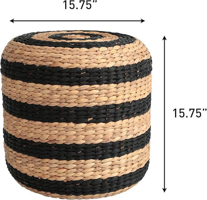 JONATHAN Y TBL2501A Aimee 15.7" Modern Minimalist Alternating Hand-Woven Hyacinth Ottoman for Living Room, Bedroom, Entryway, Foyer, Natural Seagrass Foot Stool, Handwoven Footrest, Natural/Black