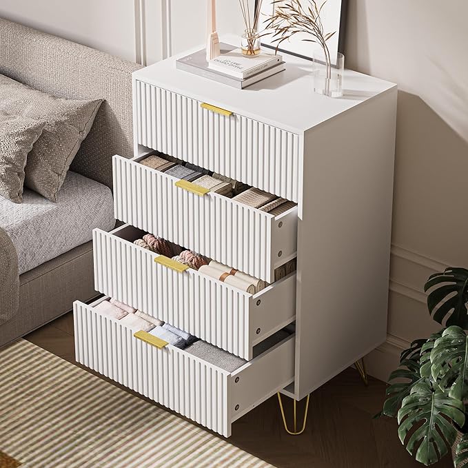 White Dresser for Bedroom, Modern Dresser with Gold Metal Handles & Chests of Drawers
