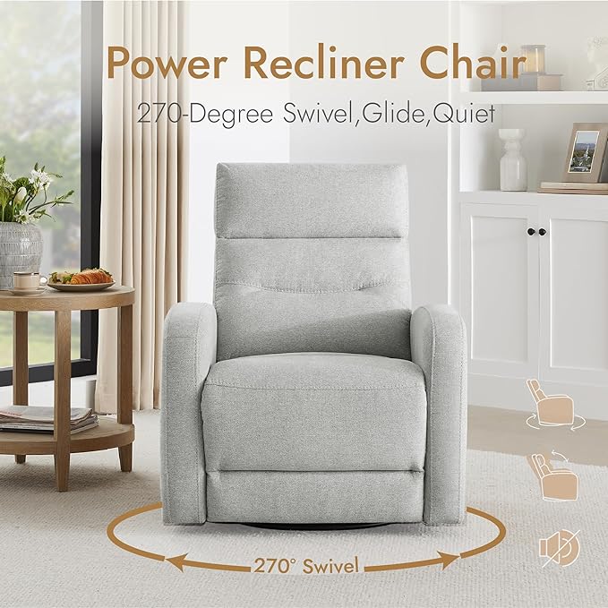 Watson & Whitely Swivel Power Recliner with Adjustable Headrest, Recliner Chairs for Adults, Small Glider Rocker for Living Room, Fabric in Dove Grey