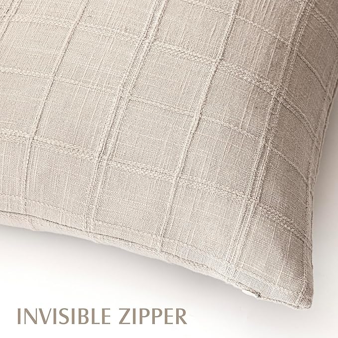 Foindtower Set of 2 Decorative Linen Check Throw Pillow Covers Neutral Farmhouse Vintage Cushion Covers Modern Boho Home Decor for Sofa Chair Couch Bedroom Living Room,22×22 Inch,Natural Linen