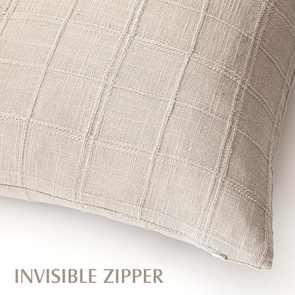 Foindtower Set of 2 Decorative Linen Check Throw Pillow Covers Neutral Farmhouse Lumbar Cushion Covers Modern Boho Home Decor for Sofa Chair Couch Bedroom Living Room,12×24 Inch,Natural Linen