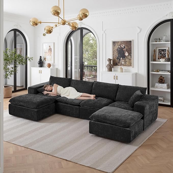 108" Sectional Couches for Living Room Boneless Couch Upholstered Cloud Couch Sectional Modular Sectional Sofa with L Shaped (Chenille-Black, 4 Seat+2 Ottoman)