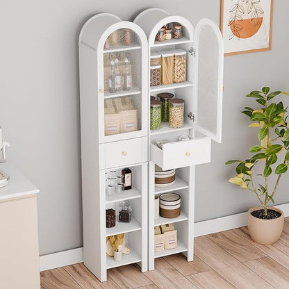 70" Tall Bathroom Storage Cabinet with Acrylic Door，Narrow Storage Cabinet with Drawer Adjustable Shelves, Modern Arched Design Bathroom Cabinet for Bathroom, Living Room, Kitchen, White