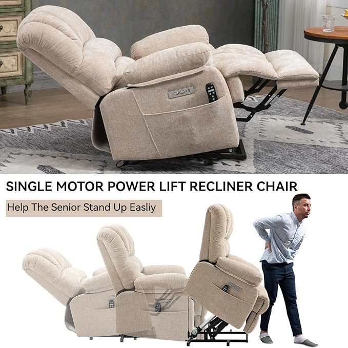 Power Lift Recliner Chair for Elderly with Heat Function, 8 Node Massage with 3 Modes, Silent Operation, Oversized Electric Lift Recliner Single Sofa for Living Room with USB Charging, Beige