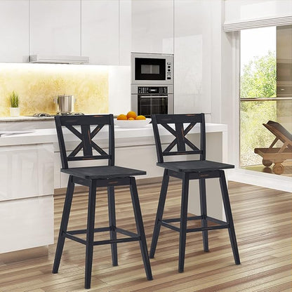 COSTWAY Bar Stools Set of 2, 360 Degree Swivel, 29-inch Height Chairs w/Non-Slip Foot Pads, Rubber Wood Bar Chairs, Vintage Bar Stools for Home, Restaurant (Black)