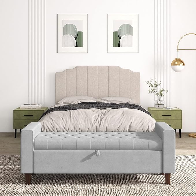 Queen Size Headboard Only, Linen Wall Mounted Headboard Queen/Full Size for Adjustable Bed, Modern Vertical Channel Design with Curved Tufted Upholstered Head Board, Beige