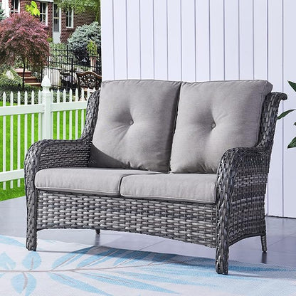 HUMMUH 6 Piece Patio Furniture Set PE Wicker Rattan 3-Seat Outdoor Sectional Sofa with Love Seats,Patio Swivel Chairs,Ottomans Conversation Sets for Garden, Poolside, Backyard