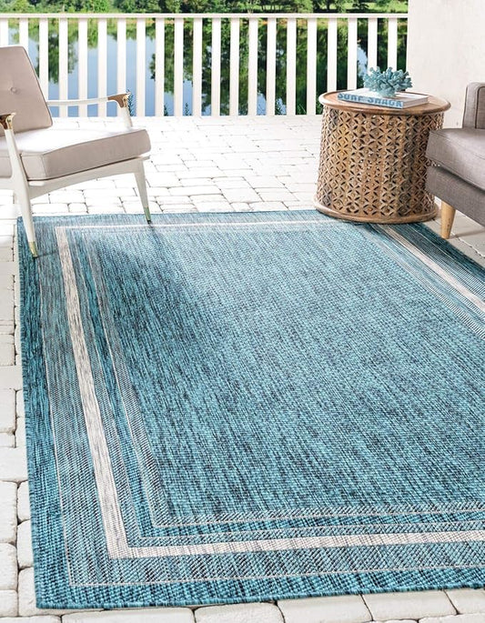 Unique Loom Outdoor Border Collection Area Rug - Soft Border (7' 1" x 10' Rectangle, Teal/ Ivory)
