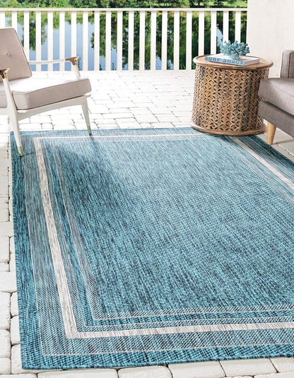 Unique Loom Outdoor Border Collection Area Rug - Soft Border (6' 1" x 9' Rectangle, Teal/ Ivory)