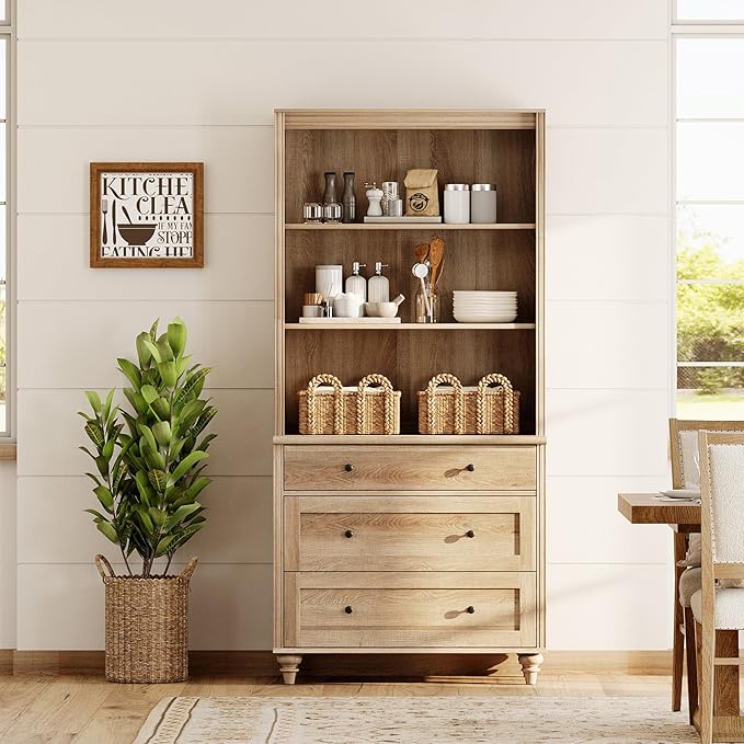 WAMPAT 3 Tier Bookshelf with 3 Drawers, 72" Tall Bookcase Large Farmhouse Display Book Case Shelf with 3-Tier Open Book Shelfs，Library Wood Bookshelves for Living Room,Kitchen, Oak