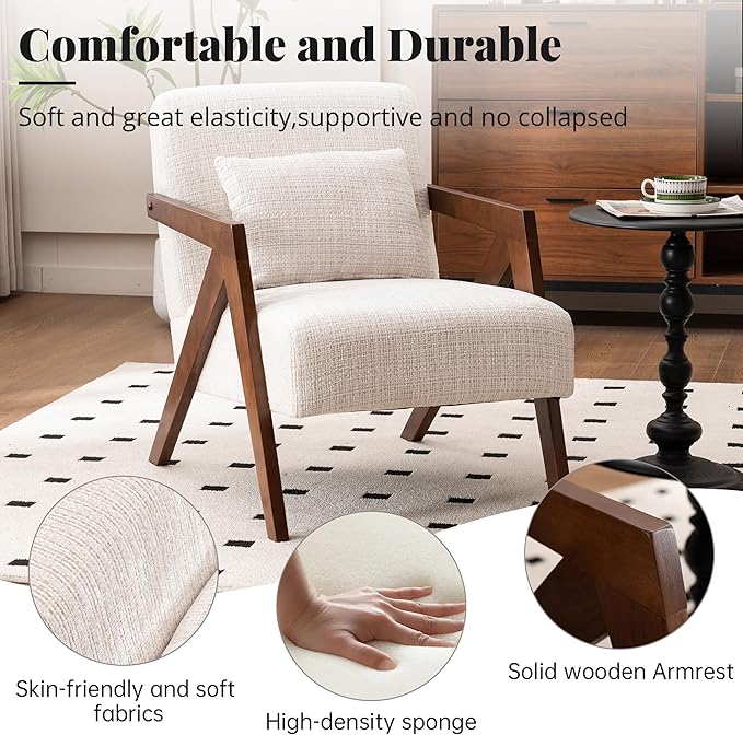 Mid-Century Modern Accent Chair with Solid Wood Frame，Upholstered Chenille Living Room Arm Chairs with Pillow for Bedroom, Living Room, Reading Room, Balcony, Beige
