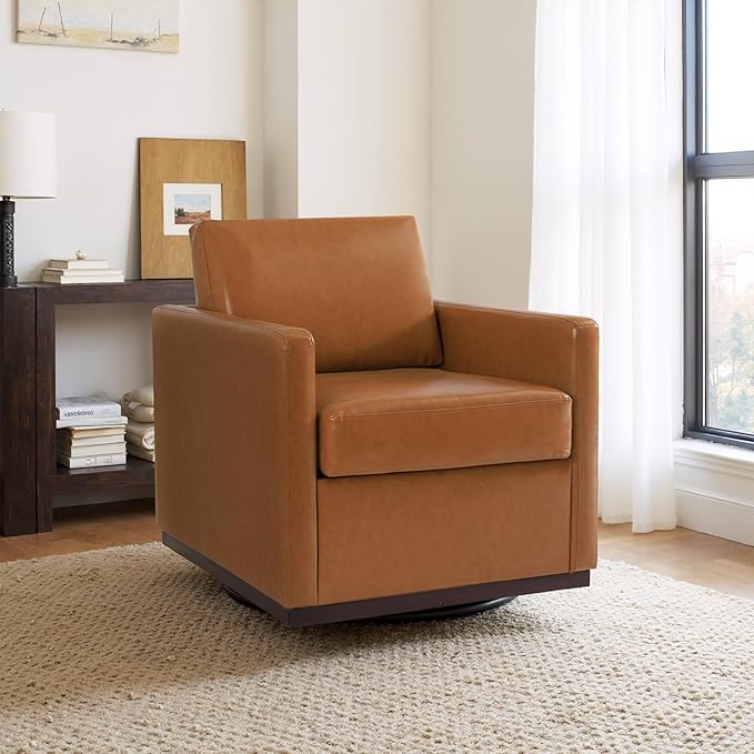 UIXE Faux Leather Swivel Accent Chairs Set of 2, Upholstered Armchair Comfy Club Chair for Living Room, Mid Century Modern Arm Chair Single Sofa Nook Bedroom Side Reading Seat - Light Brown