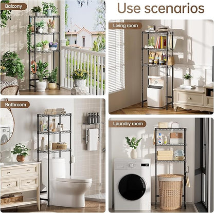 3-Tier Over The Toilet Storage Shelf,Heavy Duty Adjustable Metal Bathroom Rack with Toilet Paper Holder & Hooks,Space-Saving Organizer for Bathroom,10”D x 24”W x 66”H,Black