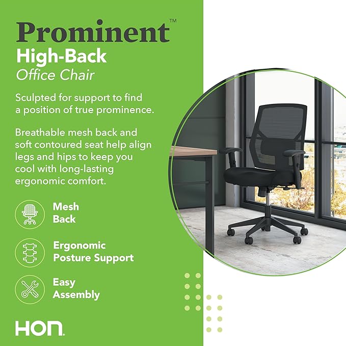 HON Prominent High Back Office Chair, Ergonomic Desk Chair with Adjustable Center-Tilt Recline, 360 Swivel, Swivel-Tilt, Black