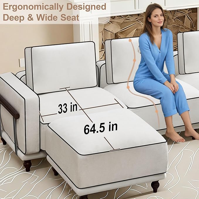 112" 3 Seater Cloud Couch with Ottoman,Modular Sectional L Shaped Sofa with Armrests Wooden Legs,Oversized Deep Seat Comfy Thicked Cushion Upholstered Sofa for Living Room Bedroom,White