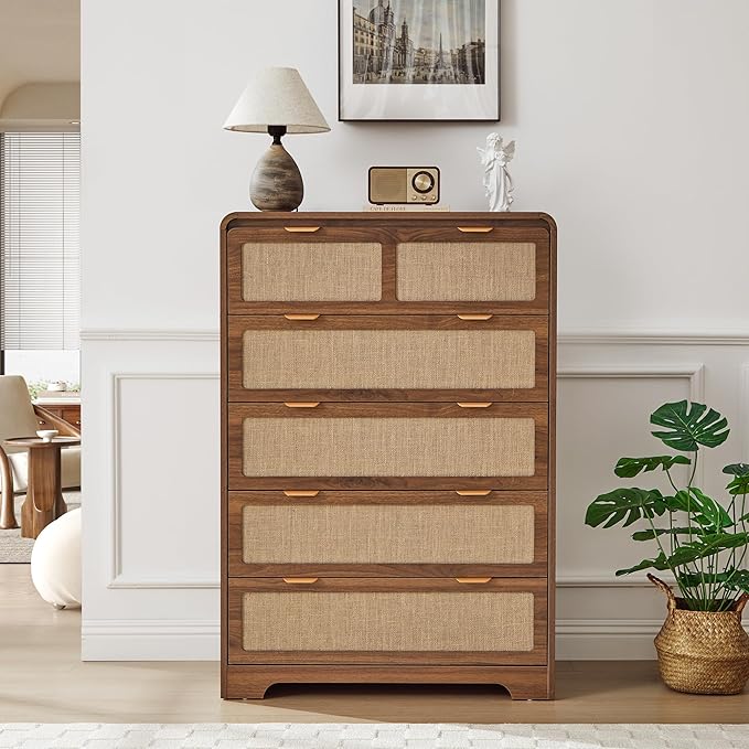 43" Tall Dresser for Bedroom, 5 Drawer Mid Century Modern Dresser with Natural Linen, Curved Wood Chest of Drawers Closet Clothes Storage Organizer for Living Room, Hallway (Walnut)