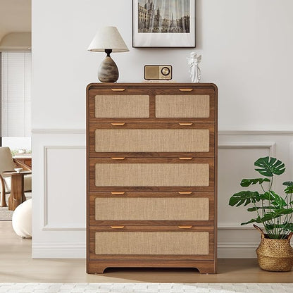 43" Tall Dresser for Bedroom, 5 Drawer Mid Century Modern Dresser with Natural Linen, Curved Wood Chest of Drawers Closet Clothes Storage Organizer for Living Room, Hallway (Walnut)