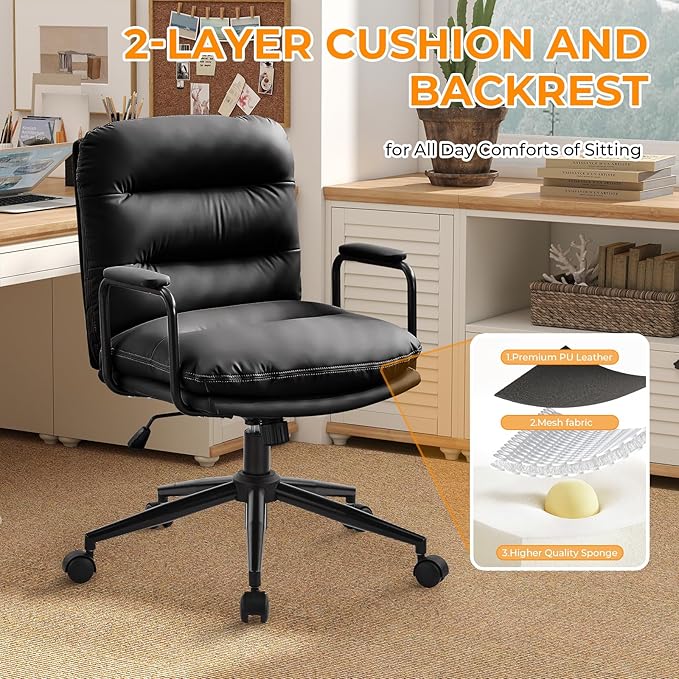 Furniliving Leather Home Desk Chair, Comfortable Executive Office Chair with Wheels, Ergonomic Computer Task Chair Adjustable Height, Black