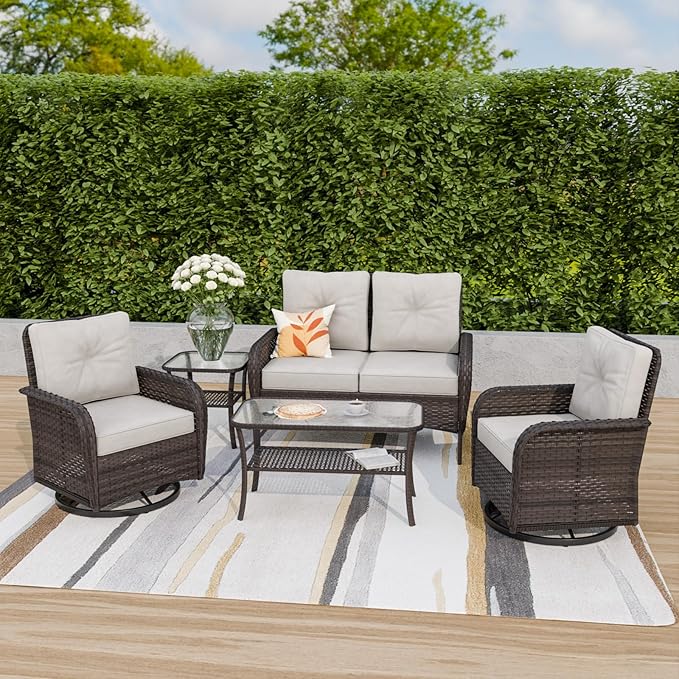 COOS BAY Vintage Courtyard Patio Furniture Set, Wicker Outdoor Furniture, Patio Conversation Sets, 2 Swivel Rockers, Loveseat, Coffee Table and Side Table, 5 Pieces, Gray/Beige
