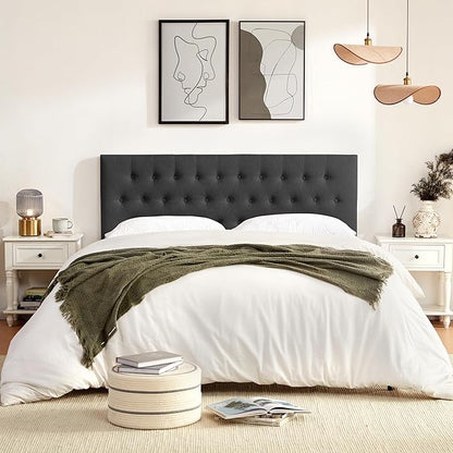 Tufted Upholstered Headboard King Size, Solid Wood Head Board with Durable Metal Legs, Adjustable Height Bed headboard from 37” to 51” Fabric Headboard in Modern Button Design (Black)