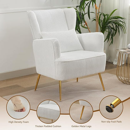 Living Room Chairs Corduroy Accent Armchair with Lumbar Pillow & Gold Leg, 8.5" Thick Cushion, Mid Century Modern High Wingback Bedroom Chairs Upholstered Comfy Sofa Arm Chair, White