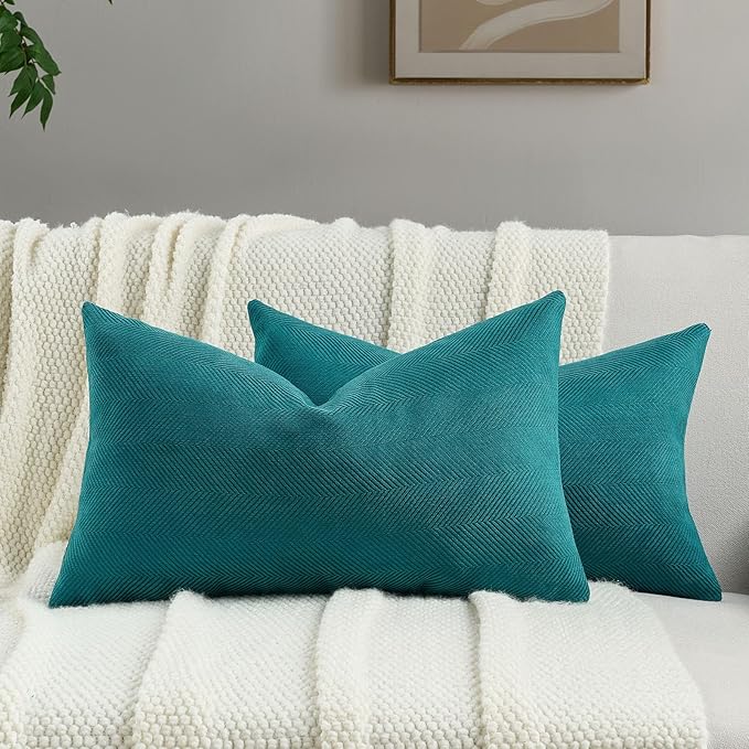 FUTEI Teal Chenille Throw Pillow Covers 12x20 Inch Set of 2,Soft Wide Chevron Textured Lumbar Pillow Cases,Farmhouse Home Decor for Couch Bed Living Room