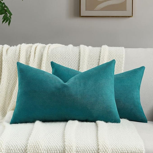 FUTEI Teal Chenille Throw Pillow Covers 12x20 Inch Set of 2,Soft Wide Chevron Textured Lumbar Pillow Cases,Farmhouse Home Decor for Couch Bed Living Room